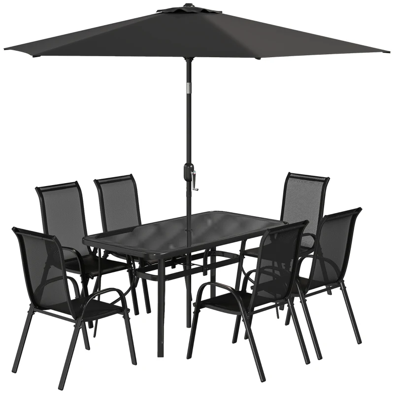 Outsunny 8 Pieces Patio Furniture Set with 9Ft Patio Umbrella, Outdoor Dining Table and Chairs, Black