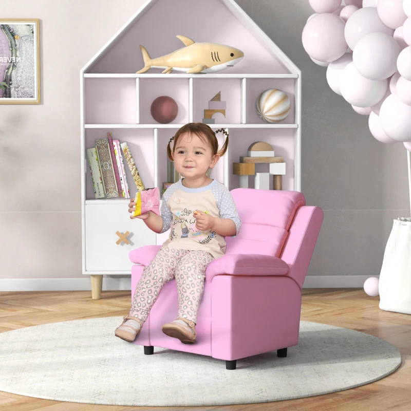 Qaba Kids Leather Recliner Chair with Armrest, Footrest, Headrest for Boys and Girls 3-9 Years Old, Pink