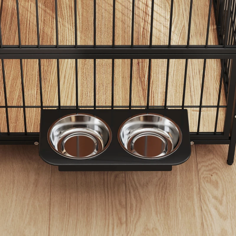 PawHut 30 Inch Dog Crate Furniture, Indoor Pet Kennel Side Table with Rotatable Bowls, 2 Anti-Escape Doors, for M Dogs, Oak