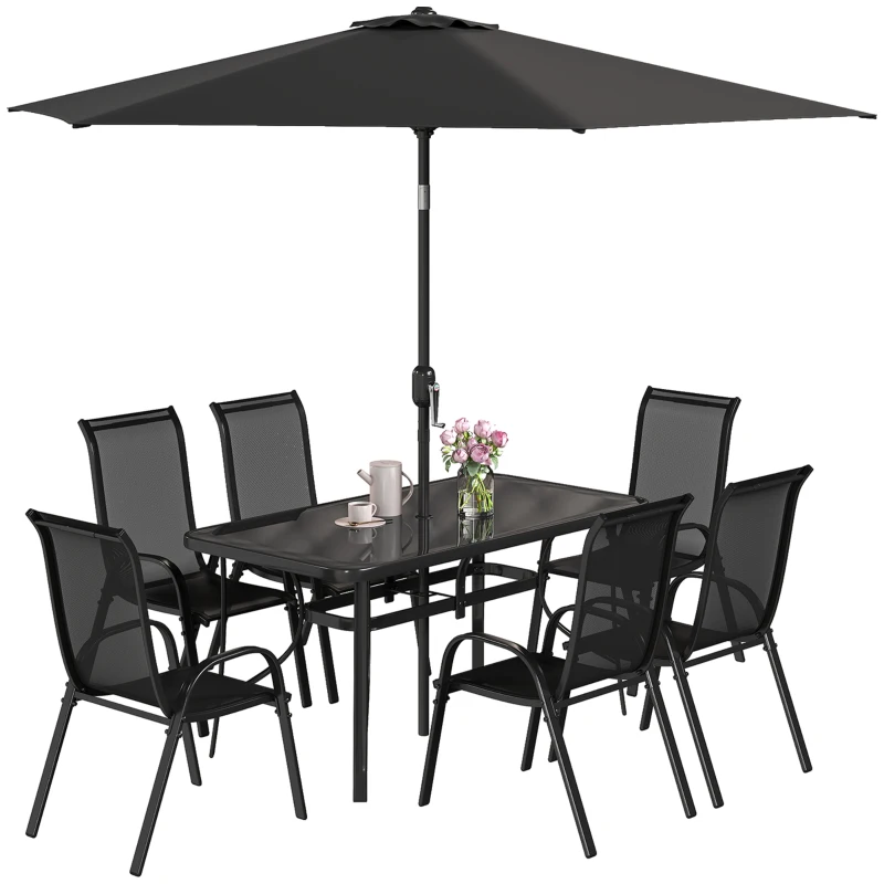 Outsunny 8 Pieces Patio Furniture Set with 9Ft Patio Umbrella, Outdoor Dining Table and Chairs, Black