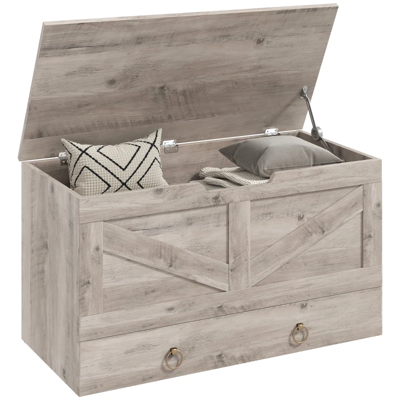 HOMCOM 31.5 Inches Storage Chest, Storage Trunk with 2 Safety Hinges for Living Room, Grey Wood Grain