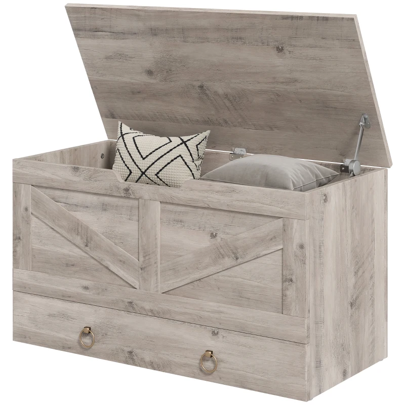 HOMCOM 31.5 Inches Storage Chest, Storage Trunk with 2 Safety Hinges for Living Room, Grey Wood Grain