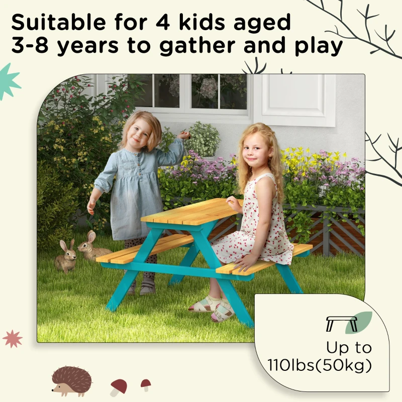 Outsunny Kids Outdoor Table Set Wooden Toddler Picnic Table and Benches for 4 Kids 3-8 Years, Easy Installation, Natural Wood