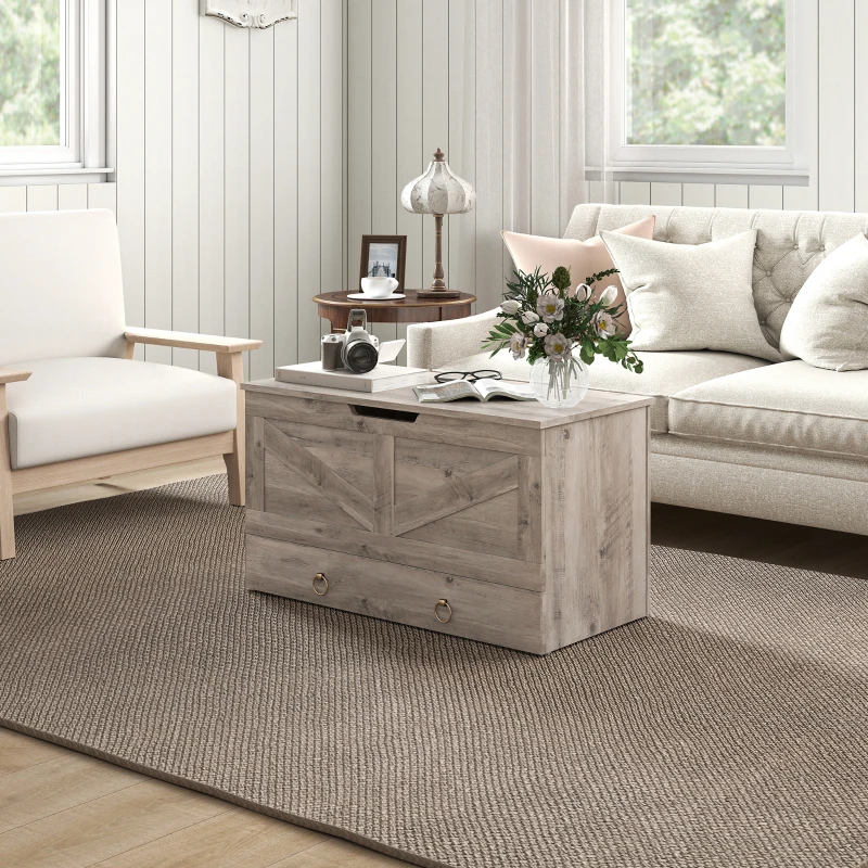 HOMCOM 31.5 Inches Storage Chest, Storage Trunk with 2 Safety Hinges for Living Room, Grey Wood Grain