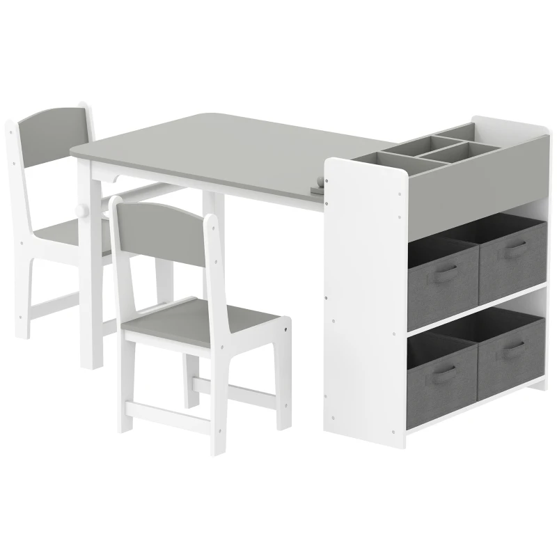 Qaba Kids Table and Chairs Set, Toddler Art Table and Chair Set with Paper Roll, Storage Shelves and Drawers, Grey