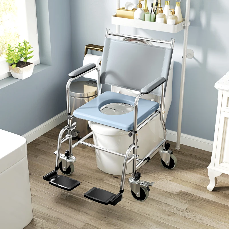 HOMCOM Rolling Shower Chair, Bedside Commode Wheelchair with Padded Seat, Backrest, for Seniors, Disabled, 300 lbs, Gray
