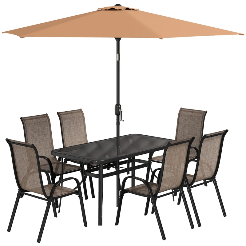 Outsunny 8 Pieces Patio Furniture Set with 9Ft Patio Umbrella, Outdoor Dining Table and Chairs, Light Mixed Brown