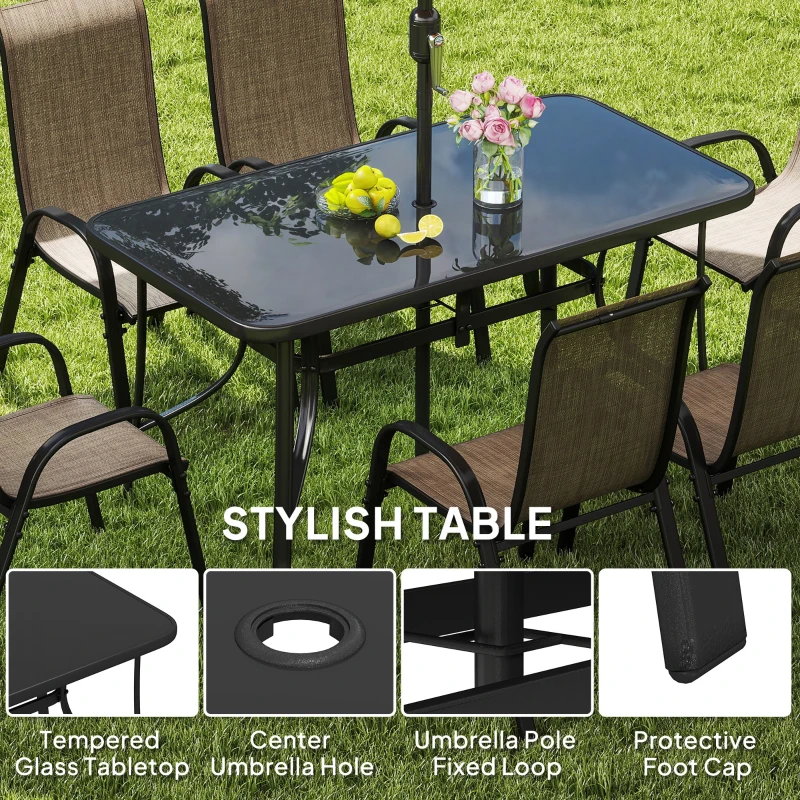 Outsunny 8 Pieces Patio Furniture Set with 9Ft Patio Umbrella, Outdoor Dining Table and Chairs, Light Mixed Brown