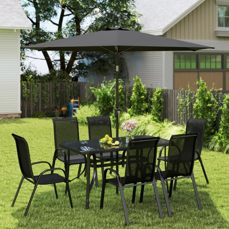 Outsunny 8 Pieces Patio Furniture Set with 9Ft Patio Umbrella, Outdoor Dining Table and Chairs, Black