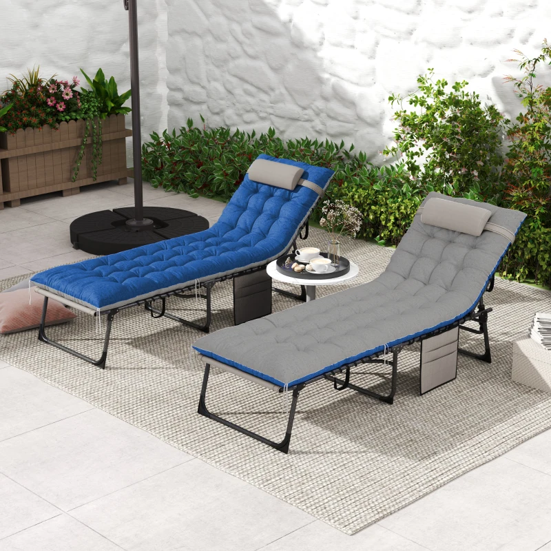 Outsunny Outdoor Chaise Lounge Chair Set of 2, 5-Level Adjustable Folding Pool Lounge Chairs with Cushions, Brown/Blue