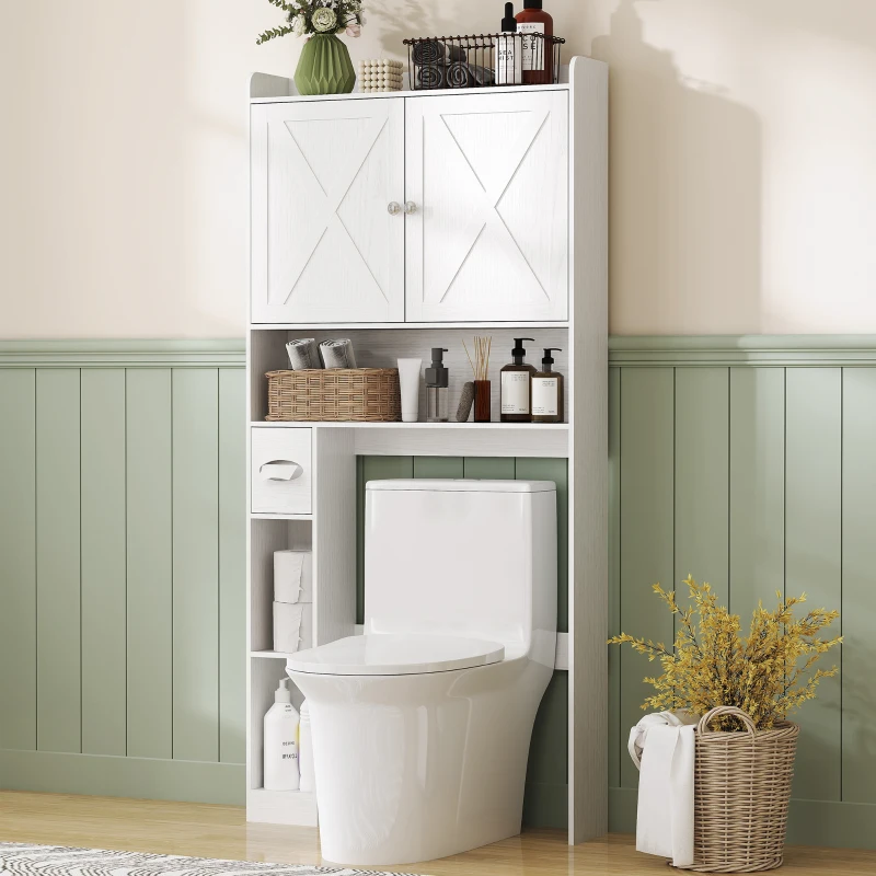HOMCOM Farmhouse Over the Toilet Cabinet with Barn Doors, Over the Toilet Storage Cabinet with Adjustable Shelf, White