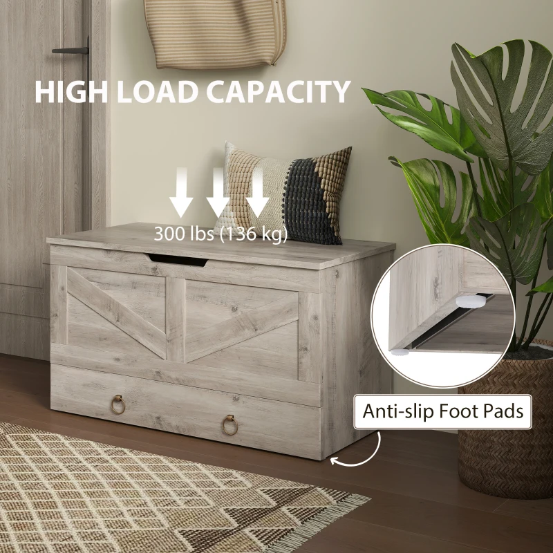 HOMCOM 31.5 Inches Storage Chest, Storage Trunk with 2 Safety Hinges for Living Room, Grey Wood Grain