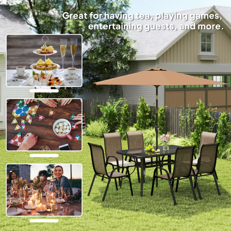 Outsunny 8 Pieces Patio Furniture Set with 9Ft Patio Umbrella, Outdoor Dining Table and Chairs, Light Mixed Brown