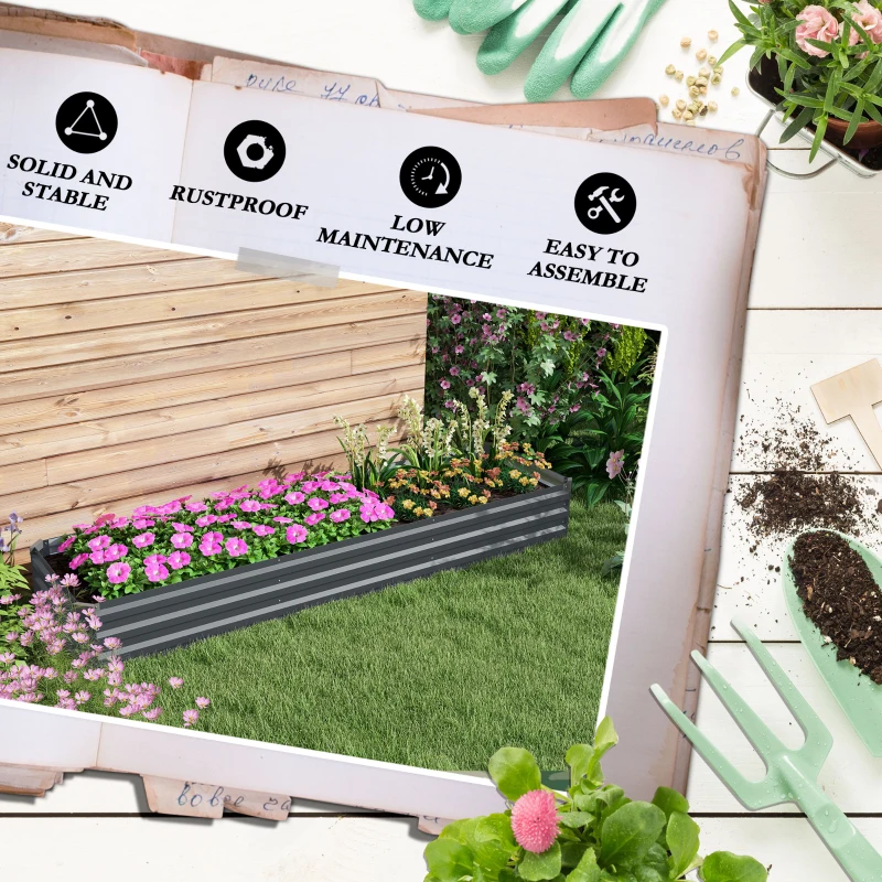 Outsunny 8'x2'x1' Galvanized Raised Bed, Large Elevated Planter Box for Growing Flowers, Herbs and Vegetables, Dark Grey
