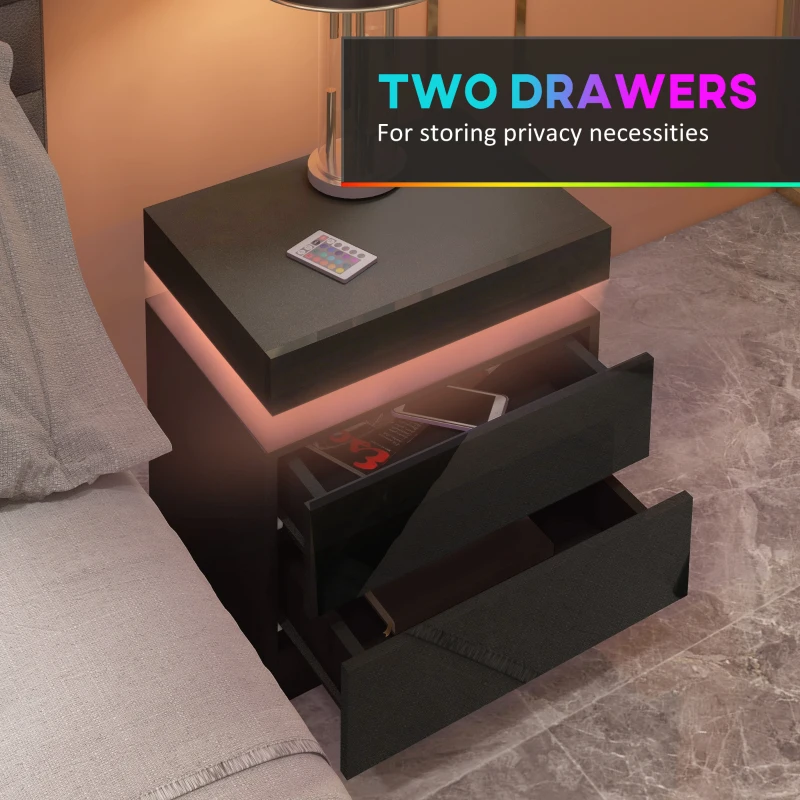 HOMCOM Nightstand, Bedside Table with LED Lights and 2 Drawers for Bedroom, Living Room, Black