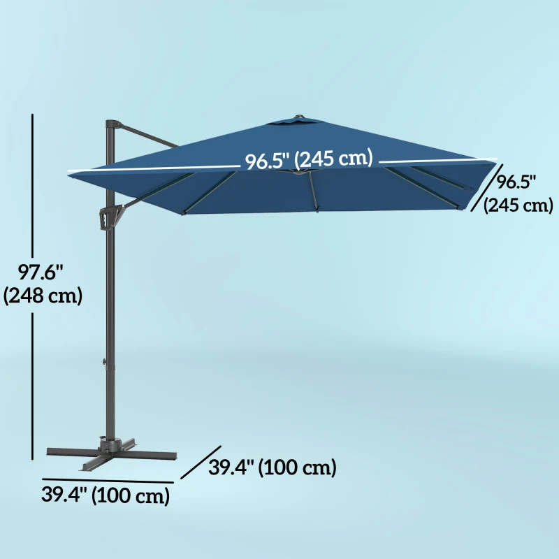 Outsunny 8'x8' Square Patio Hanging Offset Umbrella, Outdoor Cantilever Parasol w/ Cross Base, Navy Blue