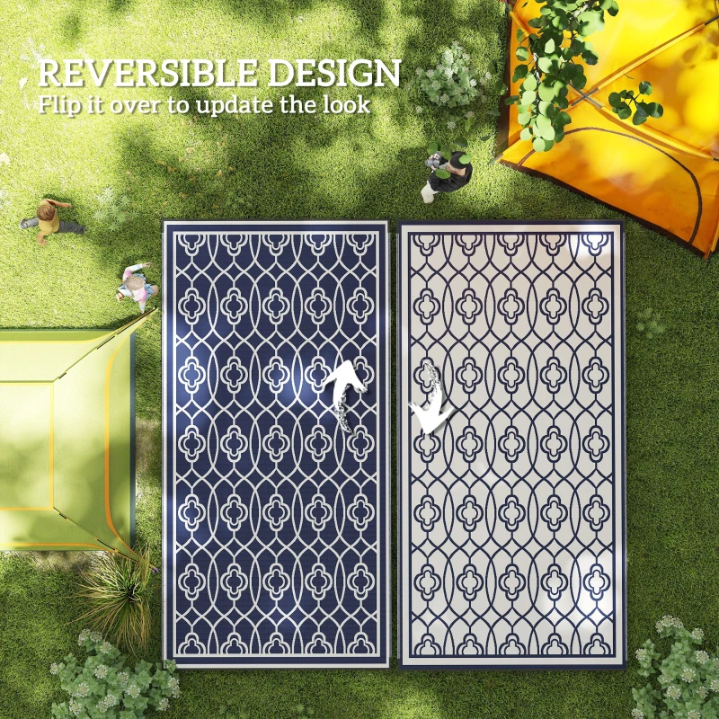 Outsunny Reversible Outdoor Rug, Waterproof Plastic Straw with Carry Bag, 9' x 18', Blue & White Lantern