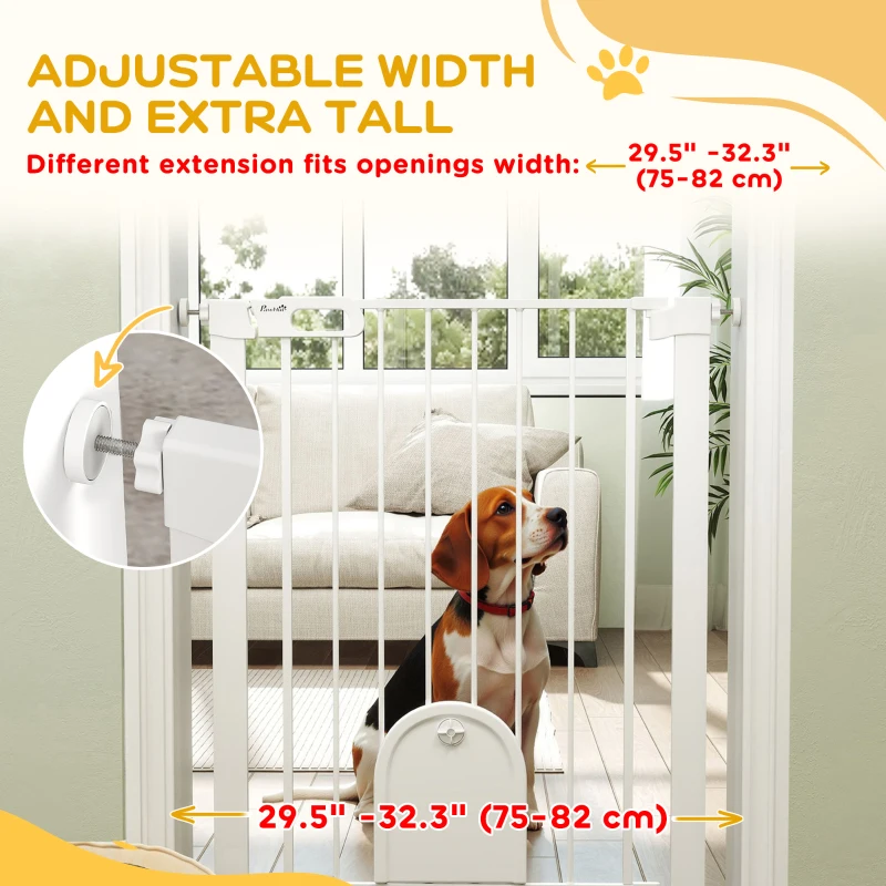 PawHut 30"-32" Extra Wide Pet Gate Barrier with Small Door, 35"H Dog Gate with Safety Gate Barrier, Stair Pressure Fit, White