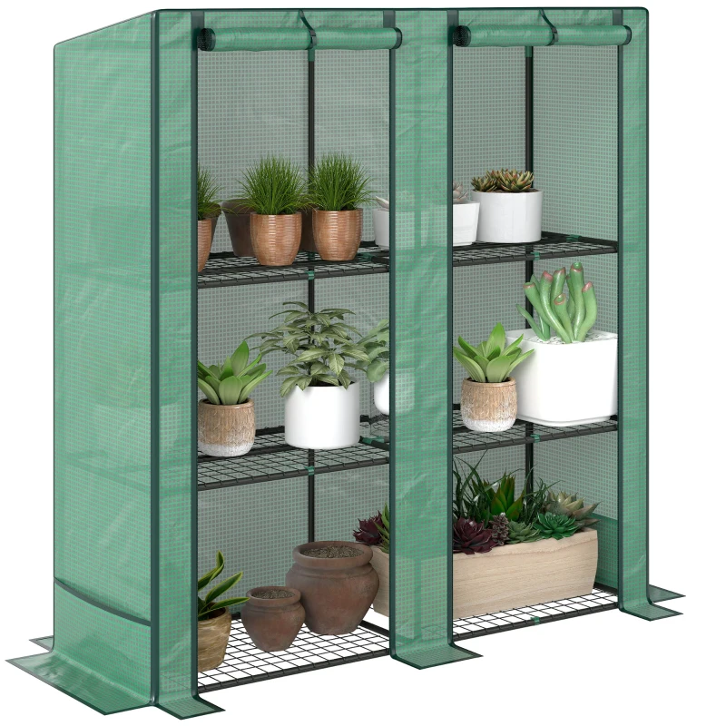 Outsunny Lean-to Greenhouse with 3 Tier Shelves, Mini Greenhouse with 2 Roll-Up Doors for Indoor Outdoor, Green