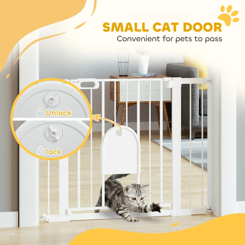 PawHut 30"-41" Extra Wide Pet Gate Barrier with Small Door, 30"H Dog Gate with Safety Gate Barrier, Stair Pressure Fit, White