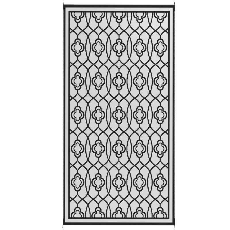 Outsunny 9' x 18' Outdoor RV Rug, Reversible Patio Floor Mat with Carry Bag, Lantern, Black and White