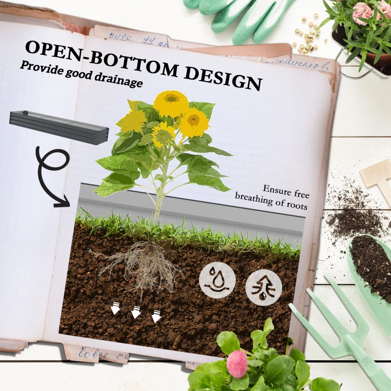 Outsunny 8'x2'x1' Galvanized Raised Bed, Large Elevated Planter Box for Growing Flowers, Herbs and Vegetables, Dark Grey