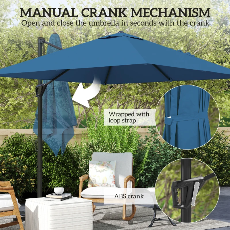 Outsunny 8'x8' Square Patio Hanging Offset Umbrella, Outdoor Cantilever Parasol w/ Cross Base, Navy Blue
