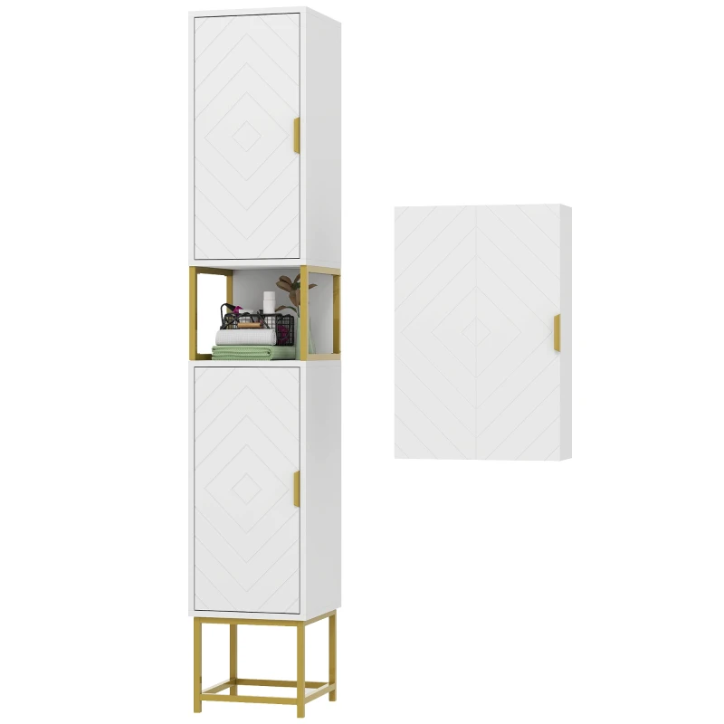 kleankin 2-Piece Bathroom Storage Cabinet Set, Bathroom Cabinets with Adjustable Shelves, Free Standing, Wall-Mounted, White