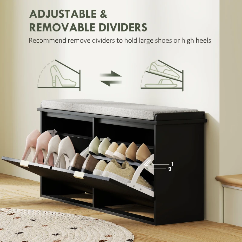HOMCOM Shoe Storage Bench with Padded Seat Cushion and Flip-Drawer, Entryway Bench, Shoe Cabinet, 40.9x10.2x18.7 Inches, Black