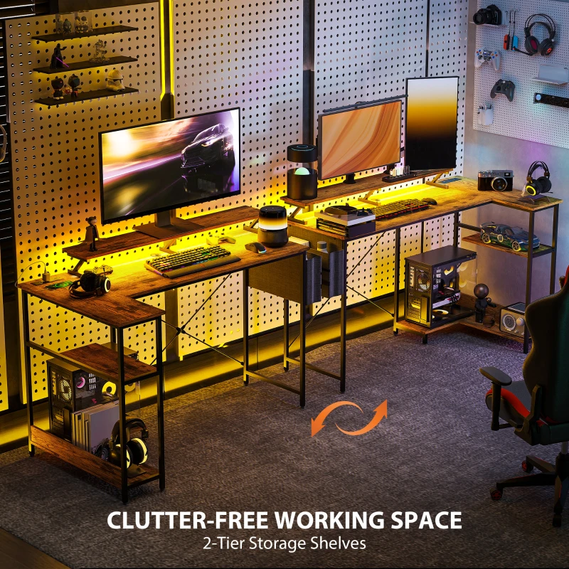 HOMCOM 58" Reversible L Shaped Computer Desk, Corner Desk with Monitor Stand, Power Outlets and LED Lights, Rustic Brown