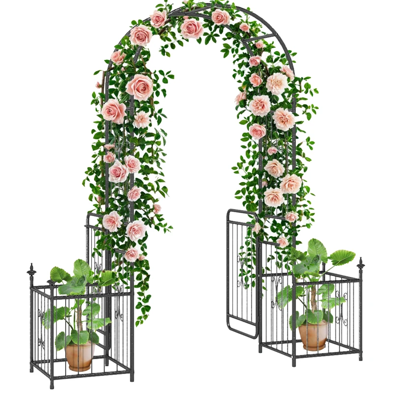 Outsunny 7.2FT Metal Garden Arch with Gate, 2 Side Planter Baskets, Garden Arbor Archway Trellis for Roses and Climbing Plants, Black