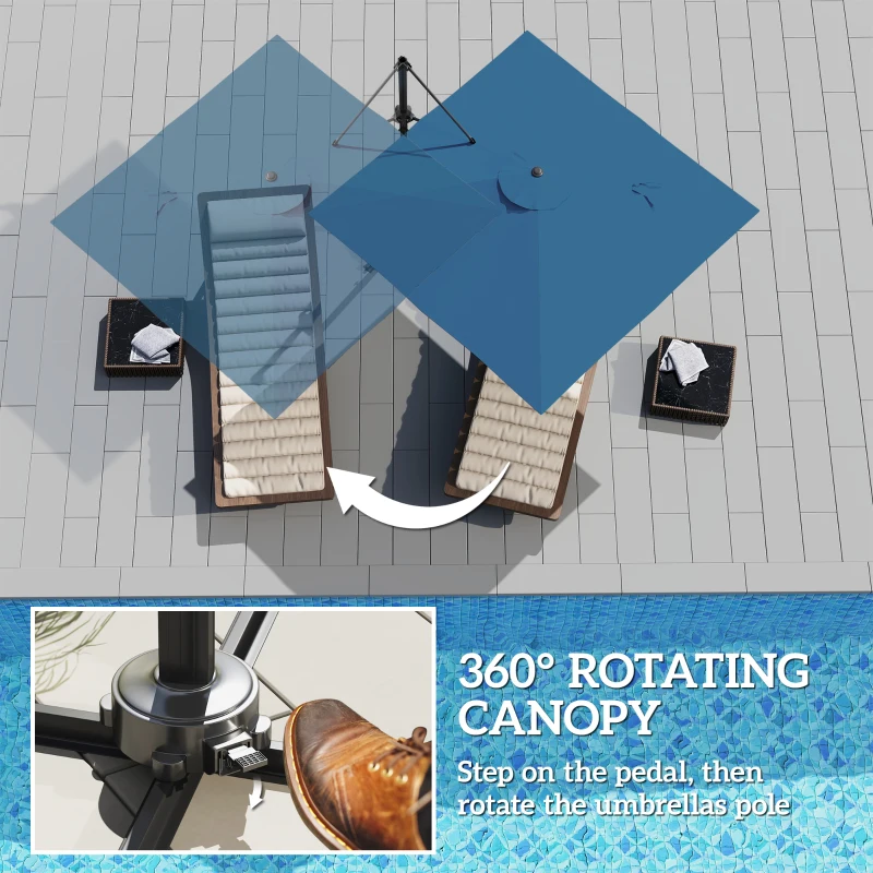 Outsunny 8'x8' Square Patio Hanging Offset Umbrella, Outdoor Cantilever Parasol w/ Cross Base, Navy Blue
