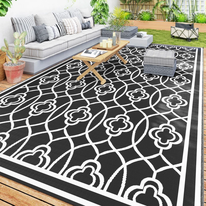 Outsunny 9' x 18' Outdoor RV Rug, Reversible Patio Floor Mat with Carry Bag, Lantern, Black and White