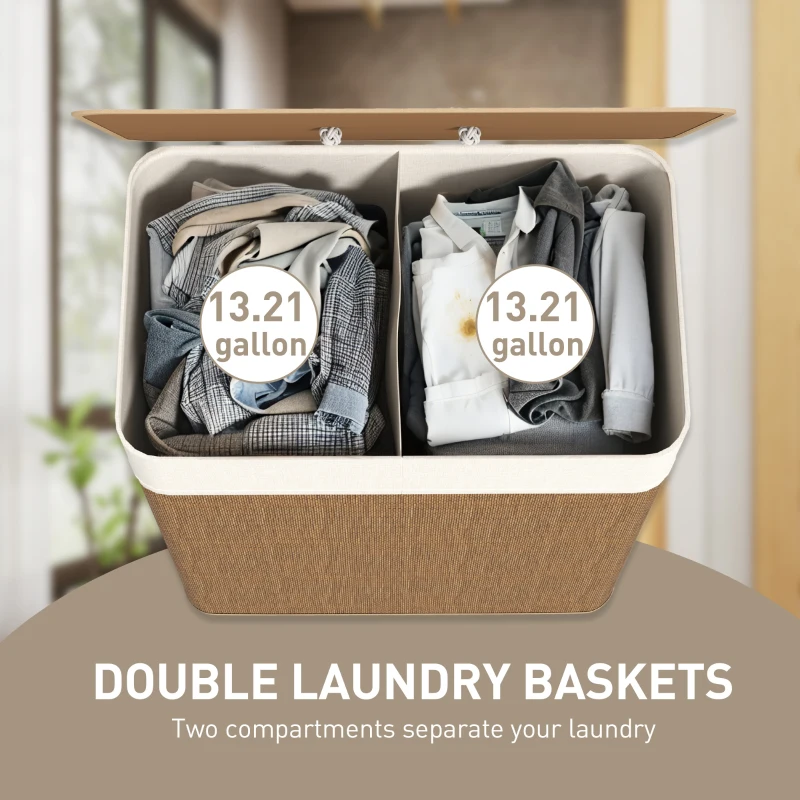 HOMCOM Double Laundry Basket with Lid, 26.4 Gallon Bamboo Laundry Hamper with Rope Handles and Removable Liner, Brown