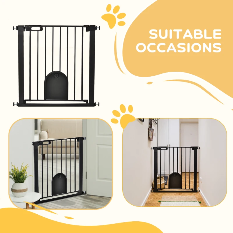 PawHut 30"-32" Extra Wide Pet Gate Barrier with Small Door, 30"H Dog Gate with Safety Gate Barrier, Stair Pressure Fit, Black