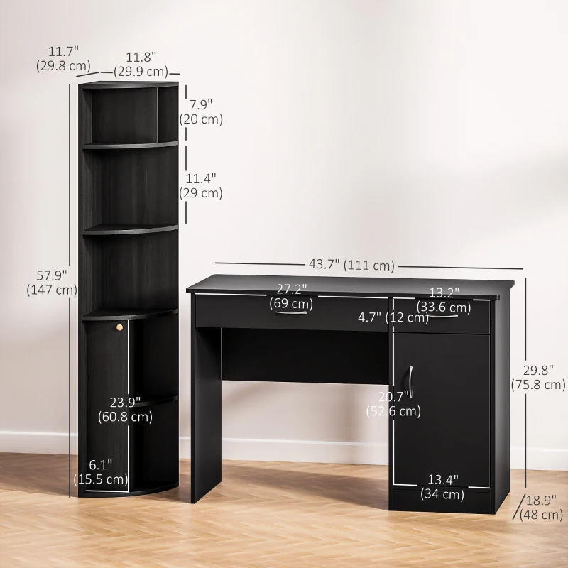 HOMCOM Computer Desk and Bookcase Set, Study Table with Adjustable Shelf, Bookshelf with Open Compartments and Cabinet, Black