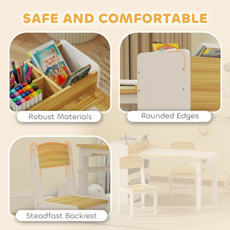 Qaba Kids Table and Chairs Set, Toddler Art Table and Chair Set with Paper Roll, Storage Shelves and Drawers, Natural Wood
