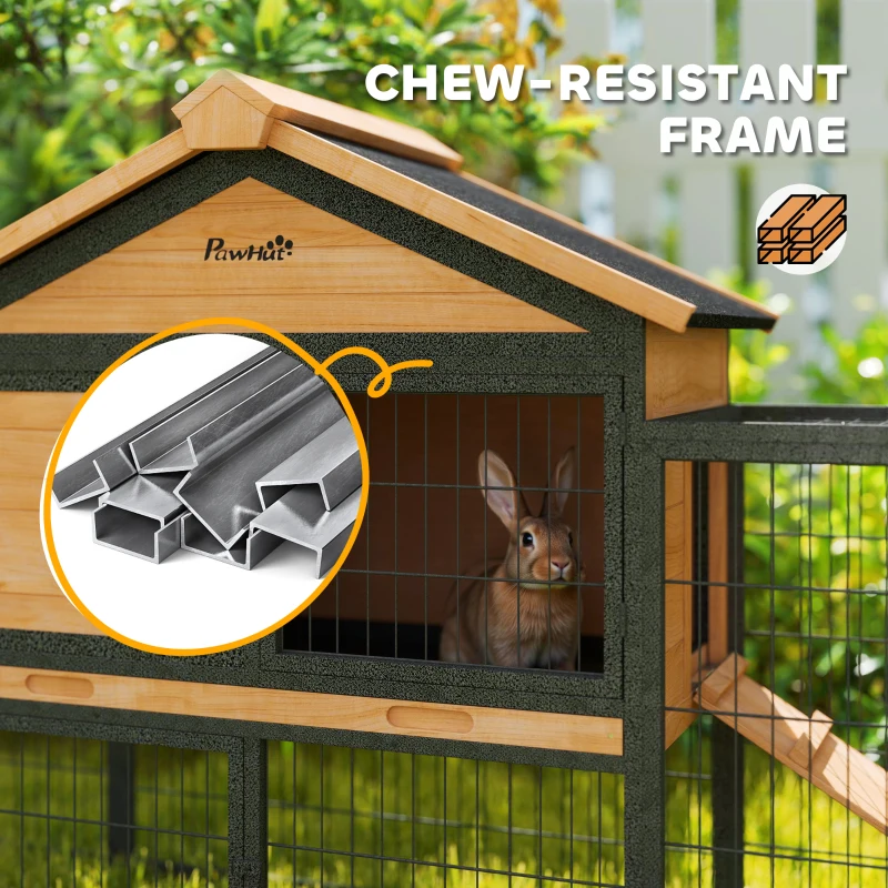 PawHut Wooden Rabbit Hutch Outdoor, 85" Large Bunny Cage with Steel Run, Removable Plastic Tray, Asphalt Roof, Ramp