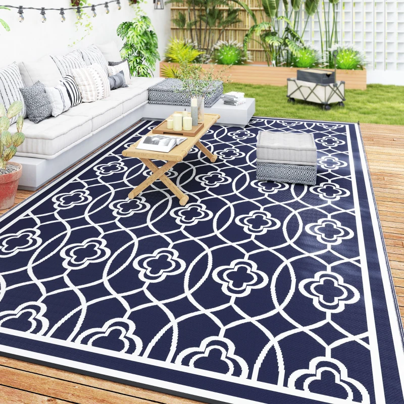 Outsunny Reversible Outdoor Rug, Waterproof Plastic Straw with Carry Bag, 9' x 18', Blue & White Lantern