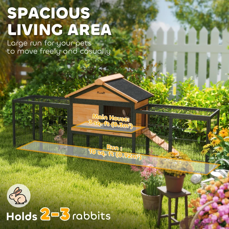 PawHut Wooden Rabbit Hutch Outdoor, 85" Large Bunny Cage with Steel Run, Removable Plastic Tray, Asphalt Roof, Ramp