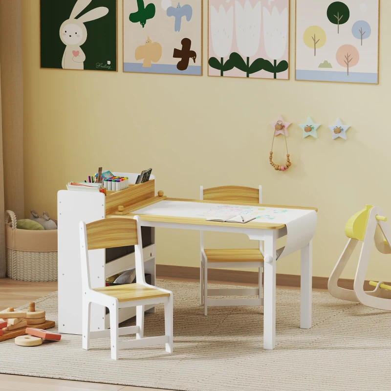 Qaba Kids Table and Chairs Set, Toddler Art Table and Chair Set with Paper Roll, Storage Shelves and Drawers, Natural Wood