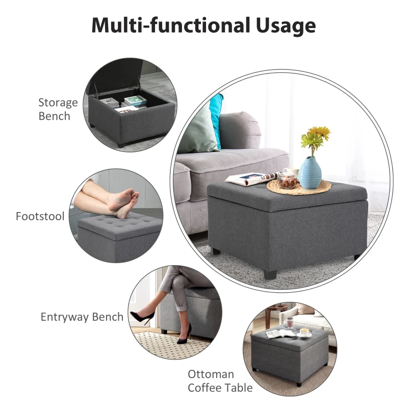 HOMCOM Round Storage Ottoman Bench, Button Tufted Ottoman with Flip Top for Living Room, Entryway and Bedroom, Gray