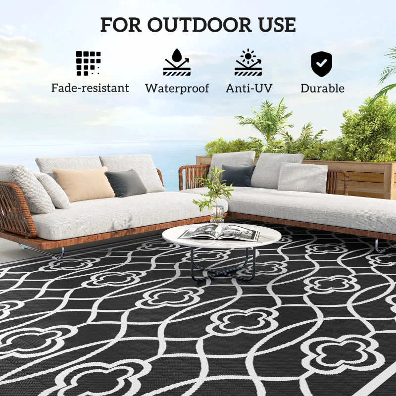 Outsunny 9' x 18' Outdoor RV Rug, Reversible Patio Floor Mat with Carry Bag, Lantern, Black and White