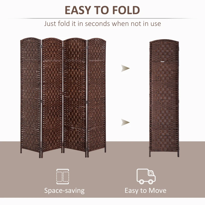 HOMCOM Room Divider, 4 Panel Folding Privacy Screen, 6FT Tall Portable Wicker Weave Partition Wall Divider for Bedroom, Home Office, Brown
