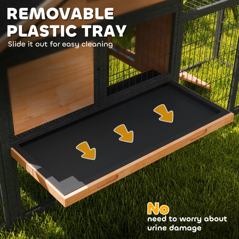 PawHut Wooden Rabbit Hutch Outdoor, 85" Large Bunny Cage with Steel Run, Removable Plastic Tray, Asphalt Roof, Ramp
