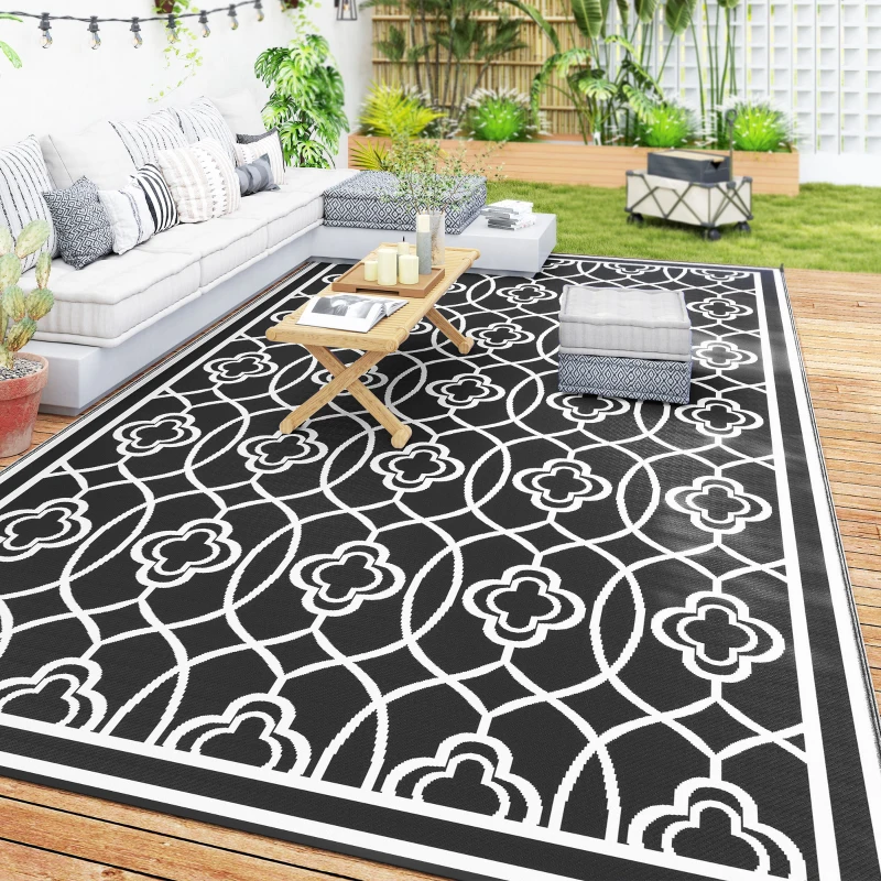 Outsunny 9' x 18' Outdoor RV Rug, Reversible Patio Floor Mat with Carry Bag, Lantern, Black and White