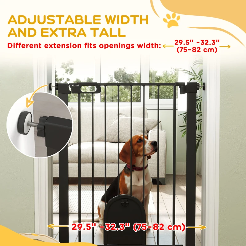 PawHut 30"-32" Extra Wide Pet Gate Barrier with Small Door, 35"H Dog Gate with Safety Gate Barrier, Stair Pressure Fit, Black