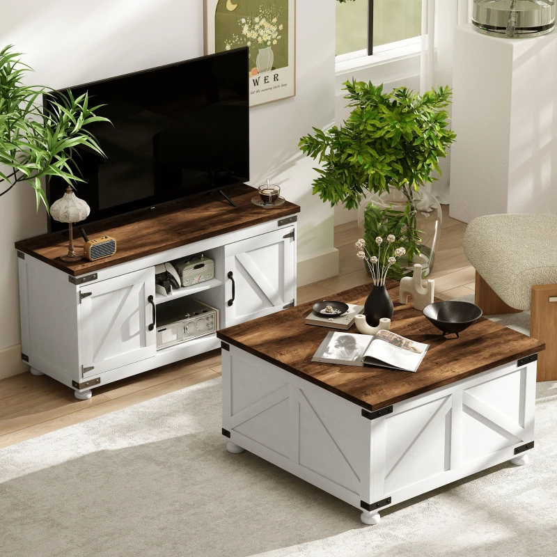 HOMCOM TV Stand and Coffee Table Set, TV Console Table for up to 50" TV , Center Table with Hinged Lift Top , Distressed White