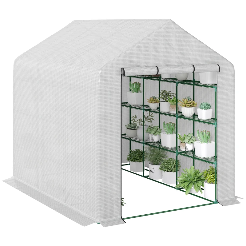 Outsunny Outdoor Walk-in Greenhouse with Roll-up Zipper Door, 18 Shelves, PE Cover, 95.25" x 70.75" x 82.75", White