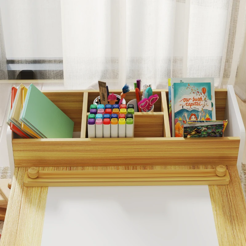 Qaba Kids Table and Chairs Set, Toddler Art Table and Chair Set with Paper Roll, Storage Shelves and Drawers, Natural Wood